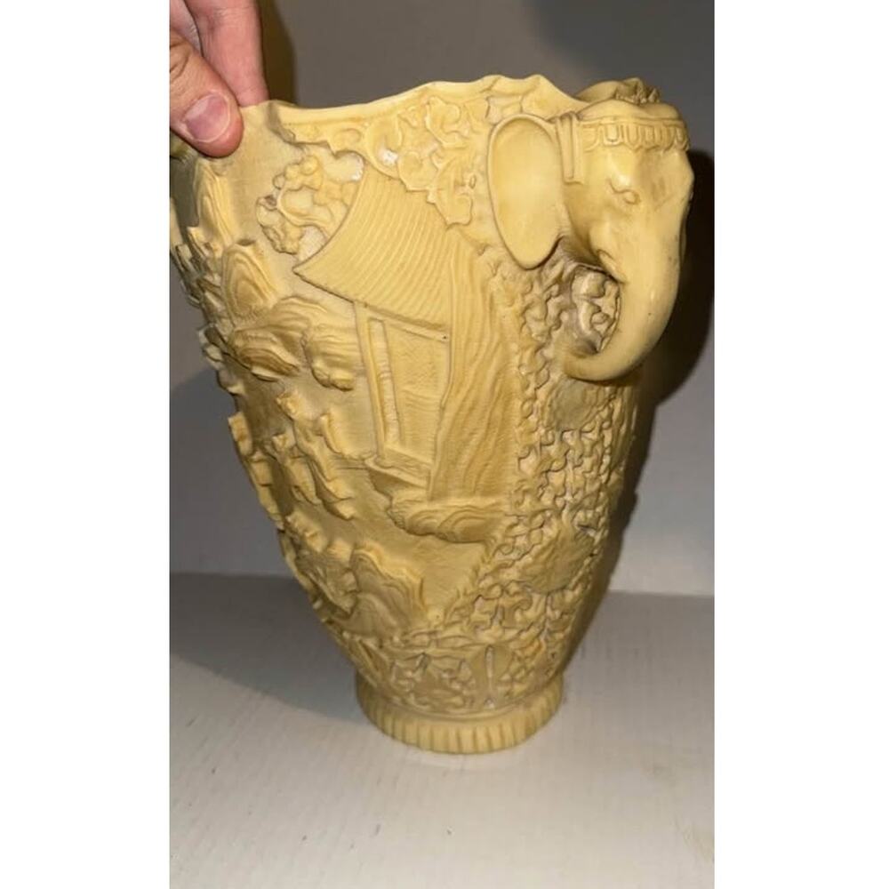 Vintage Chinoiserie-Style Large Carved Resin Vase Scenic Pagoda Elephant Handles